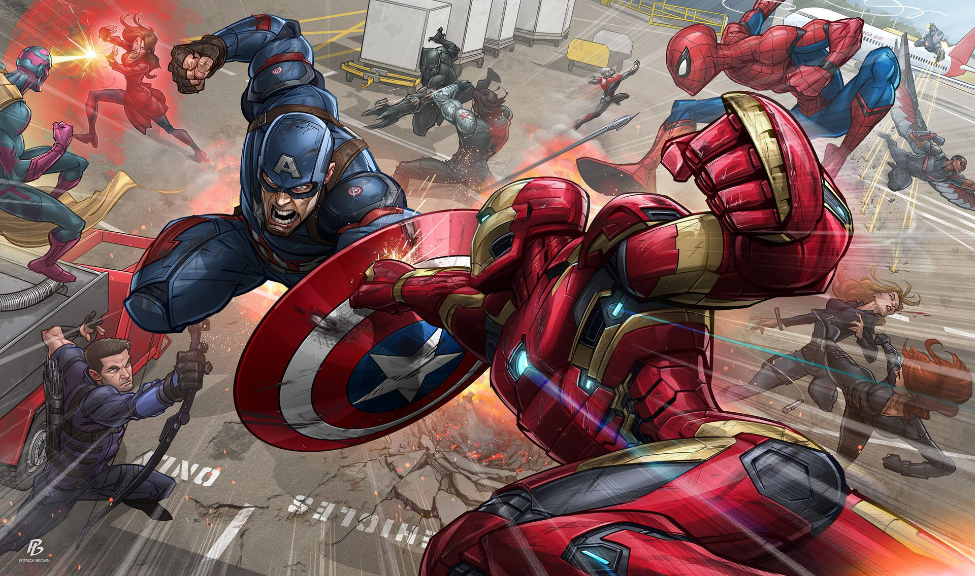 Supereroi Marvel, Căpitanul America și Omul de Fier, luptându-se. — Marvel Fundal