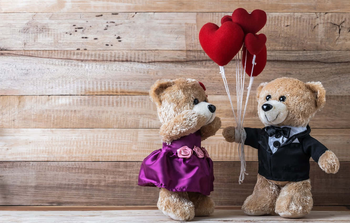 Ursuleti de plush draguti de Ziua Indragostitilor cu baloane rosii in forma de inima Fundal