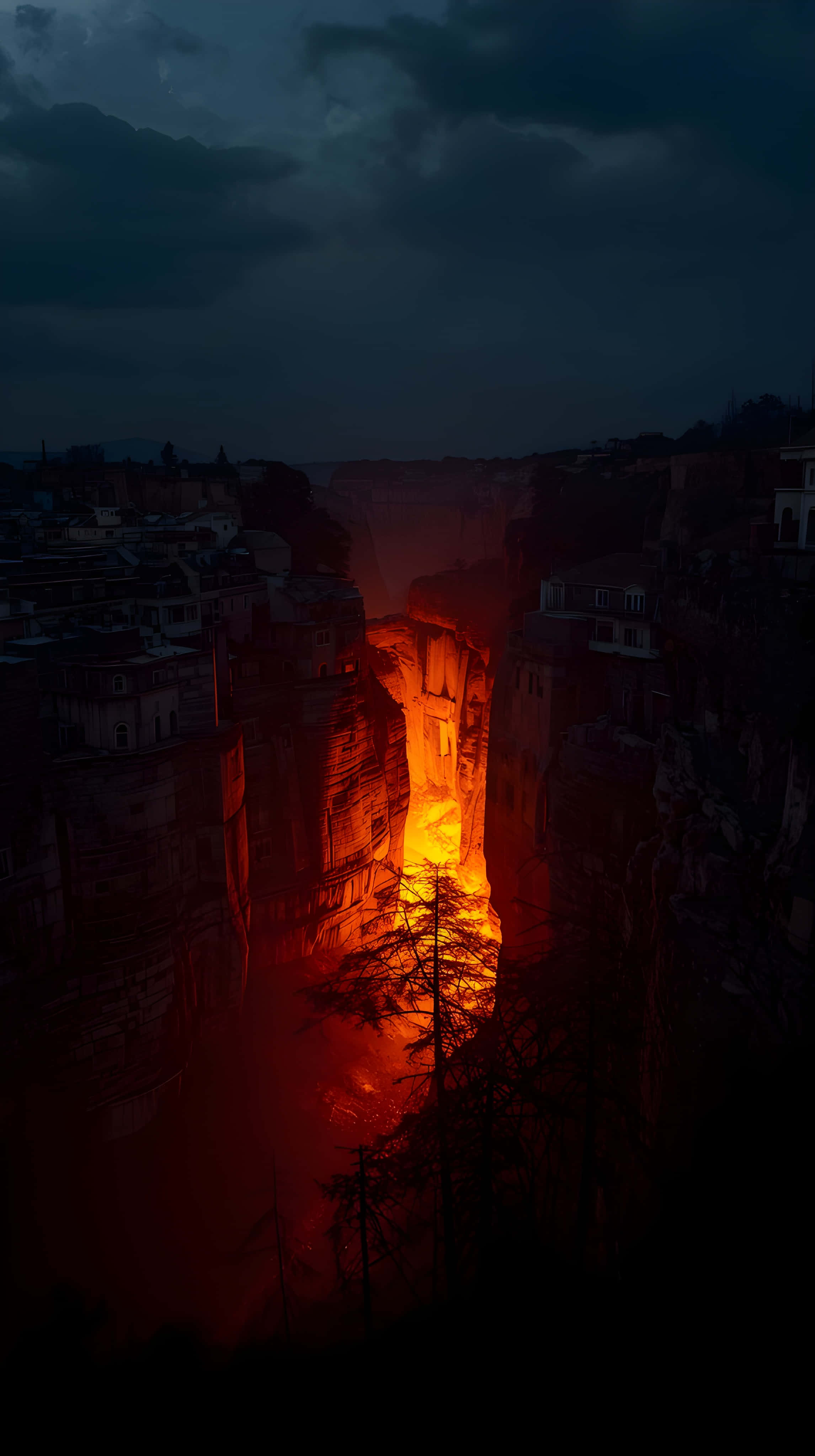 Vale întunecată de munte cu lumină portocalie Fundal