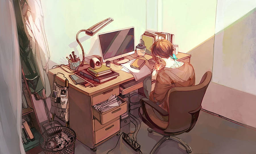 Vedere din spate a stației de lucru cu laptop a unui tip anime Fundal