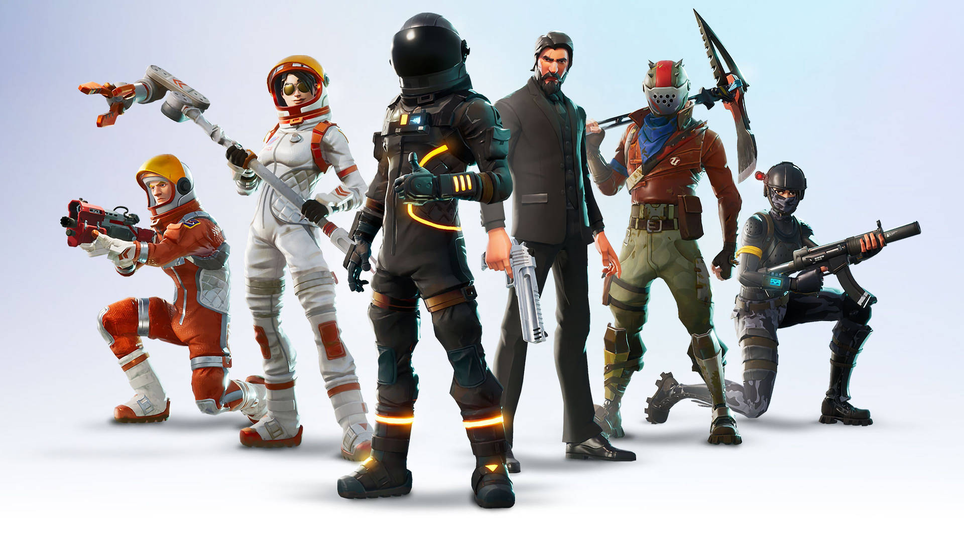 Șase personaje cool cu skin-uri de film din jocul Fortnite pe fundal alb HD wallpaper. — Fortnite Fundal