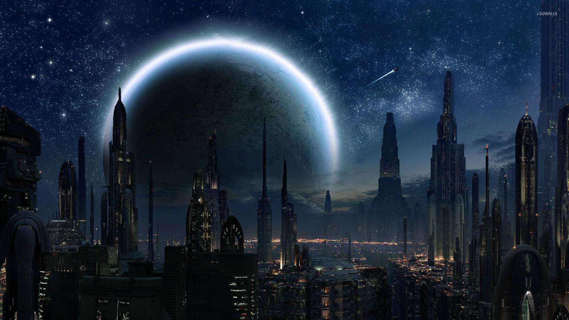 Fundal Războiul Stelelor cu clădiri înalte și luna mare Coruscant în orașul modern. — Star Wars Fundal