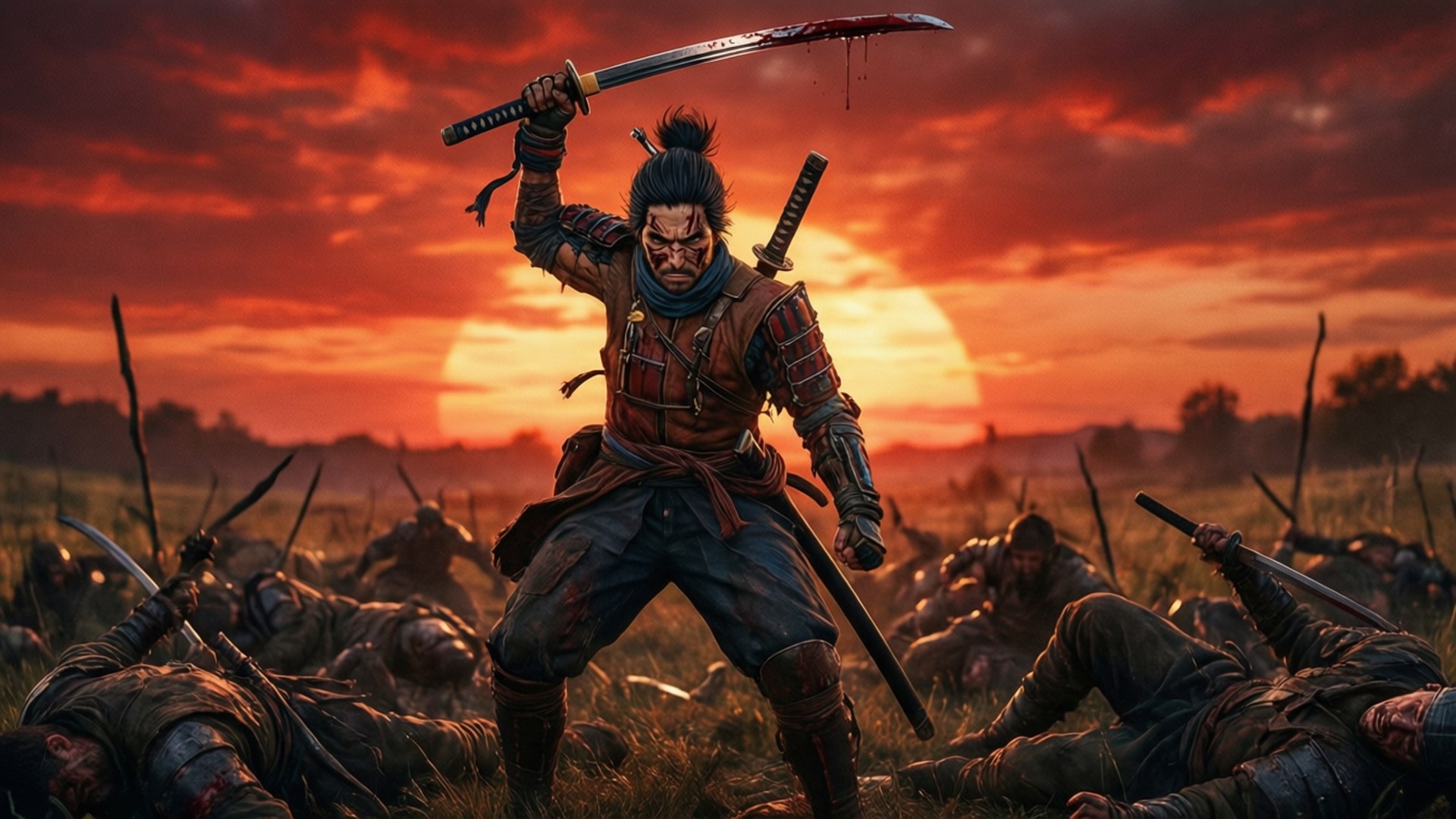 Sekiro triumfător stă deasupra dușmanilor căzuți la amurg