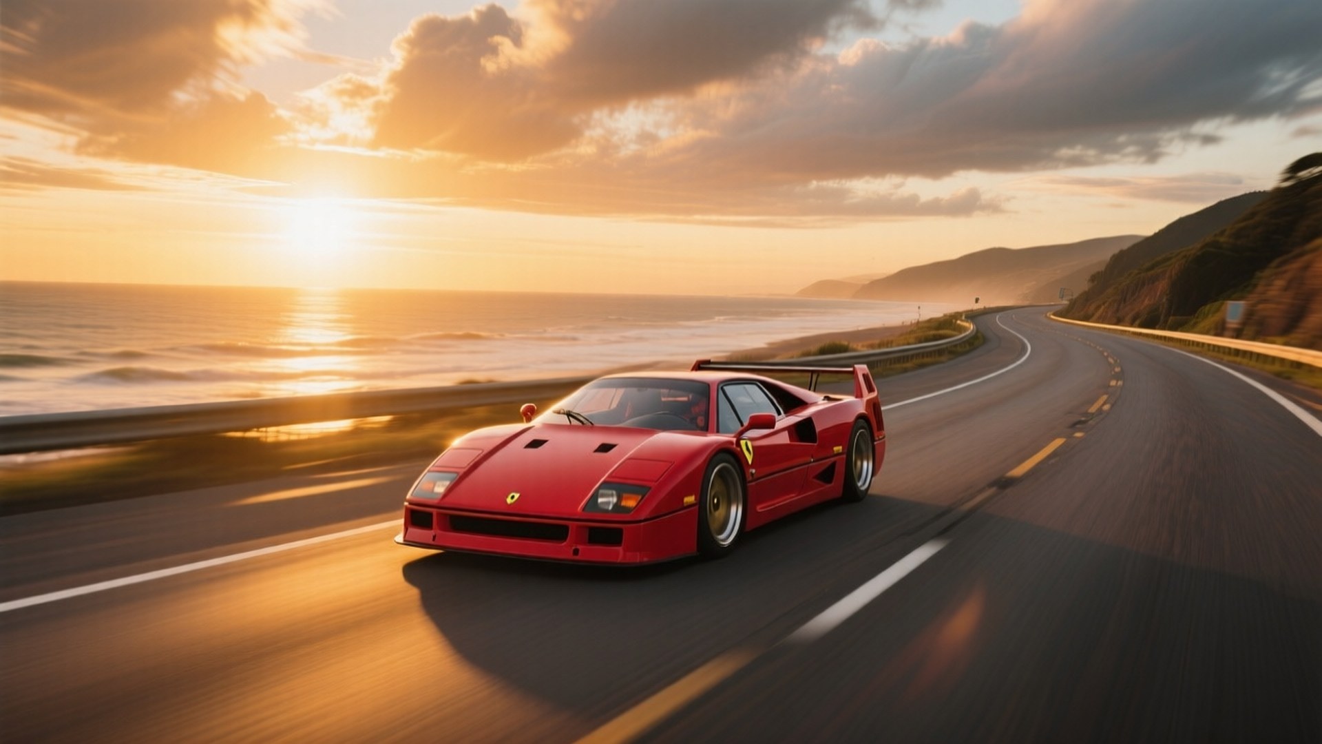 Ferrari F40 roșu accelerând pe autostrada de coastă la apus imagine de fundal