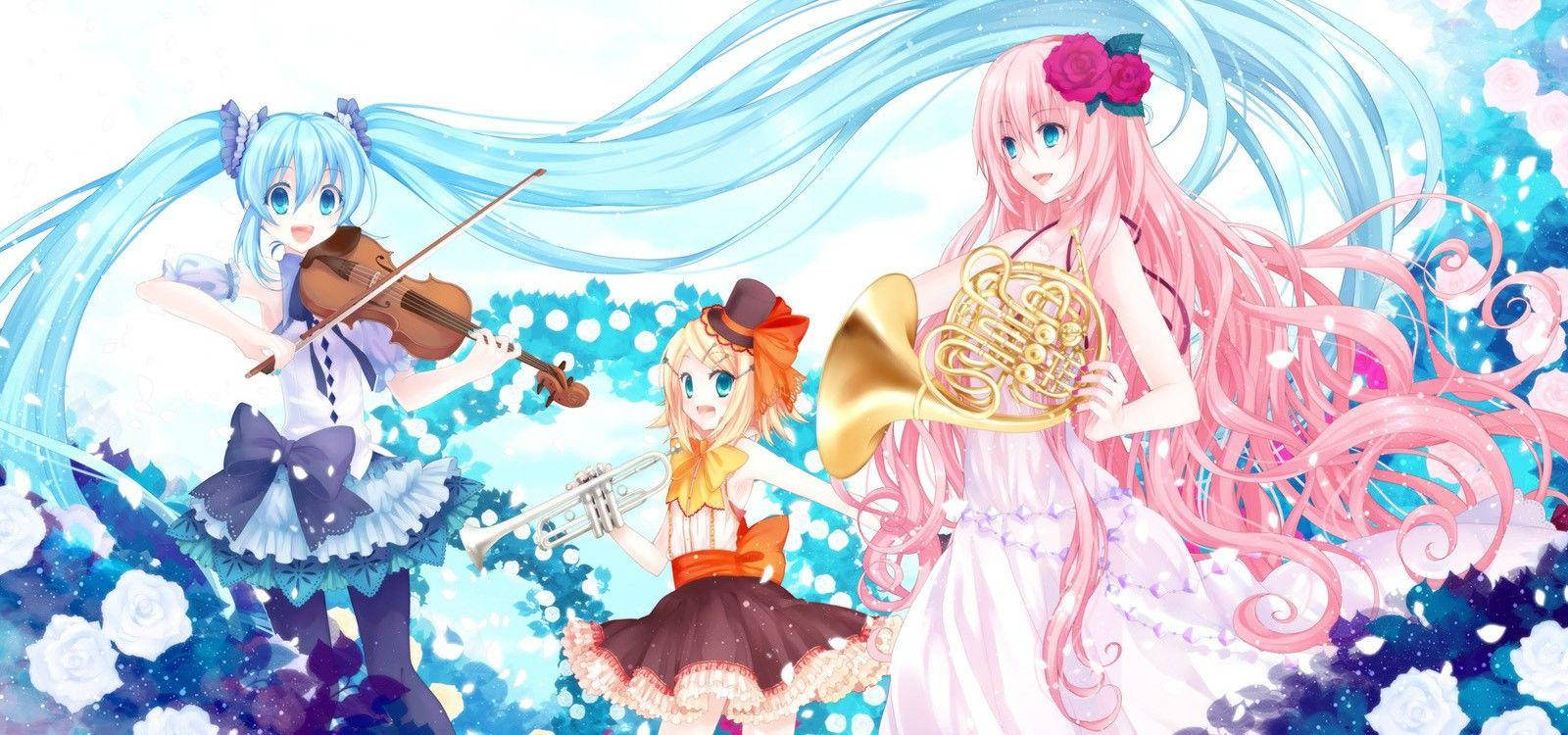 Vocaloiduri Anime Kawaii Cu Instrumente Fundal