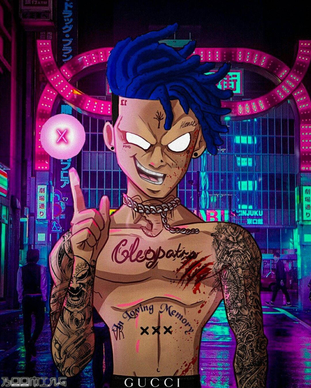 Xxxtentacion Anime Rapper cu Păr Albastru Fundal