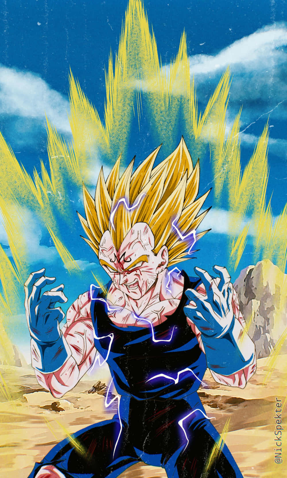 Zâmbetul lui Majin Vegeta în timp ce se încarcă cu putere Fundal