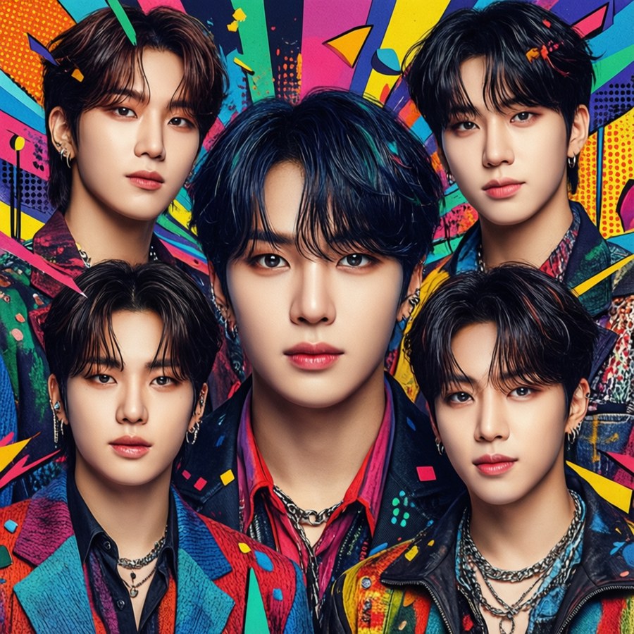 Copertă album vibrantă în stil pop art cu un grup Kpop