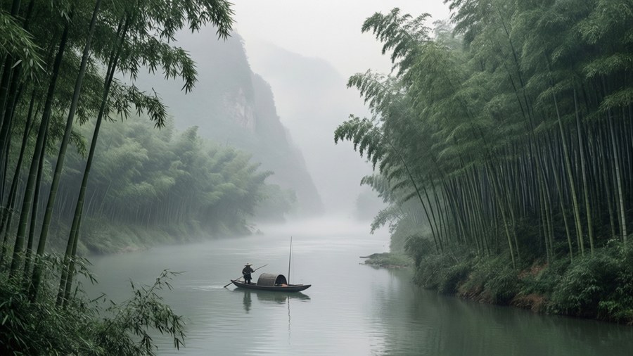 Râul Yangtze în ceață, cu bambus și un pescar singuratic