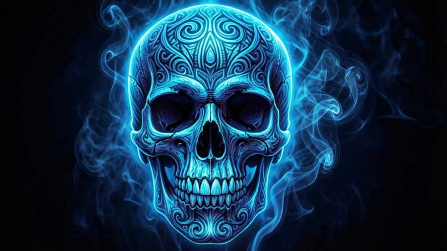 Craniu neon albastru strălucitor cu modele tribale
