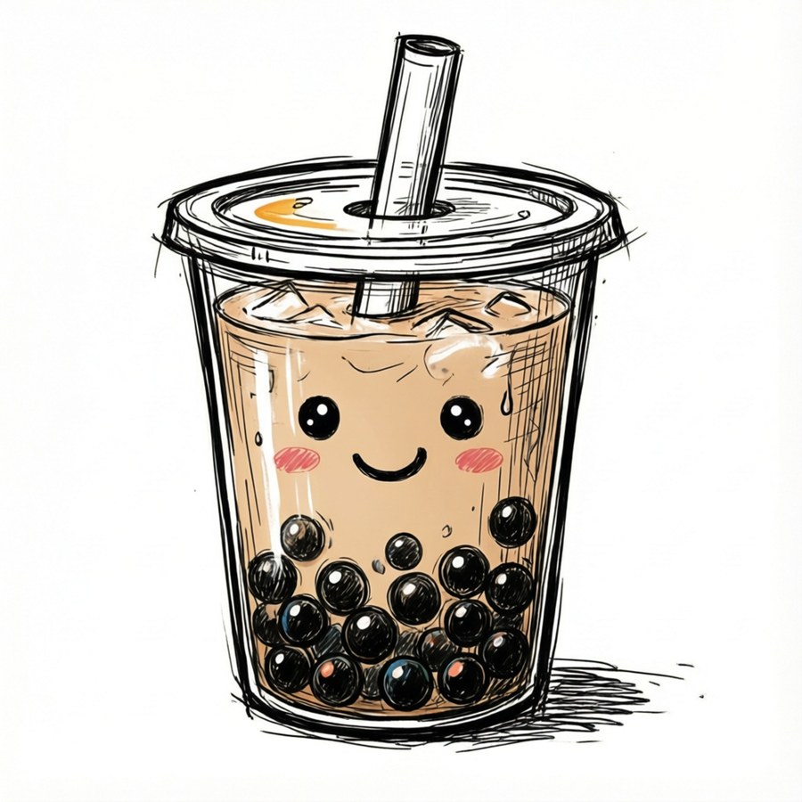 Un doodle desenat manual de bubble tea cu perle zâmbitoare