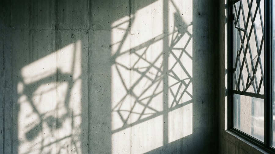 Modele abstracte de umbre pe un peretel de beton alb, artistic și modern.