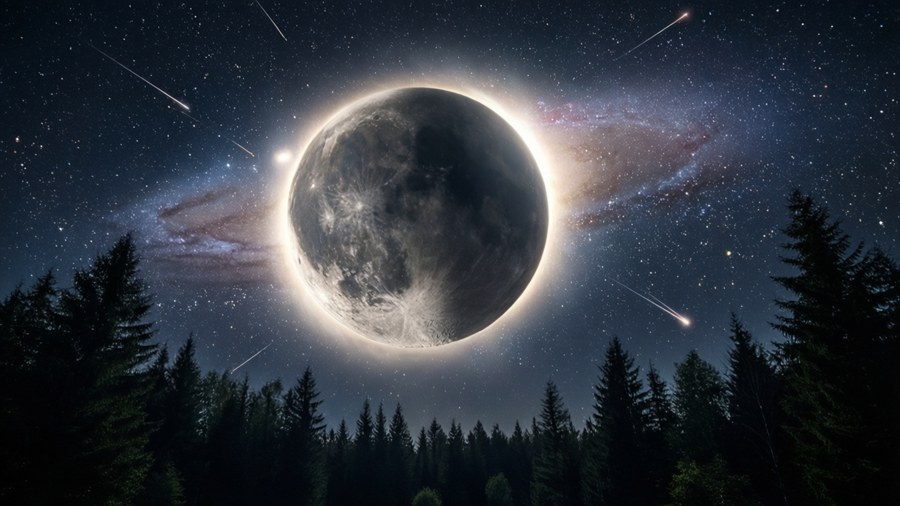 O lună eclipsată de un inel galactic deasupra unei păduri întunecate.