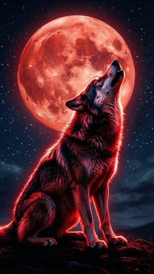 Wallpaper mistic cu silueta unui lup neon roșu urlând la luna roșie.