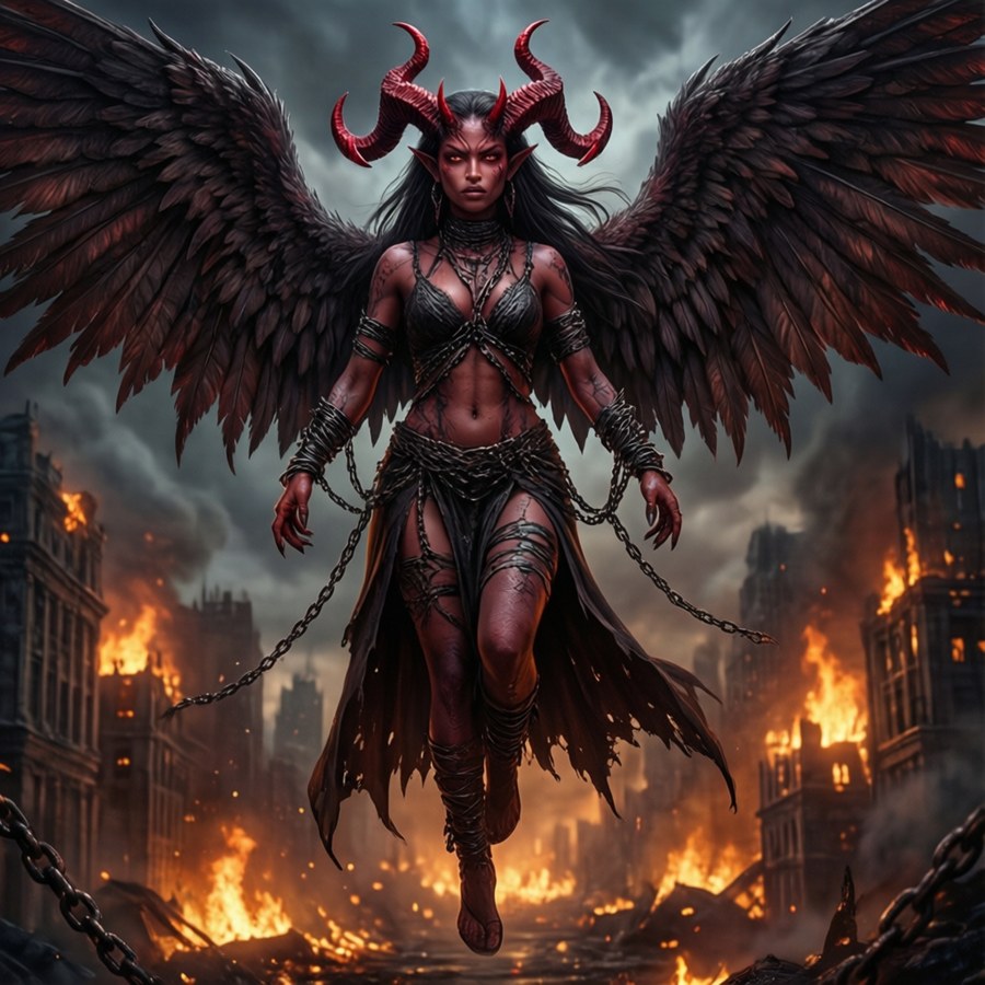 Fată demon anime edgy, cu coarne și aripi, deasupra unui oraș în flăcări.