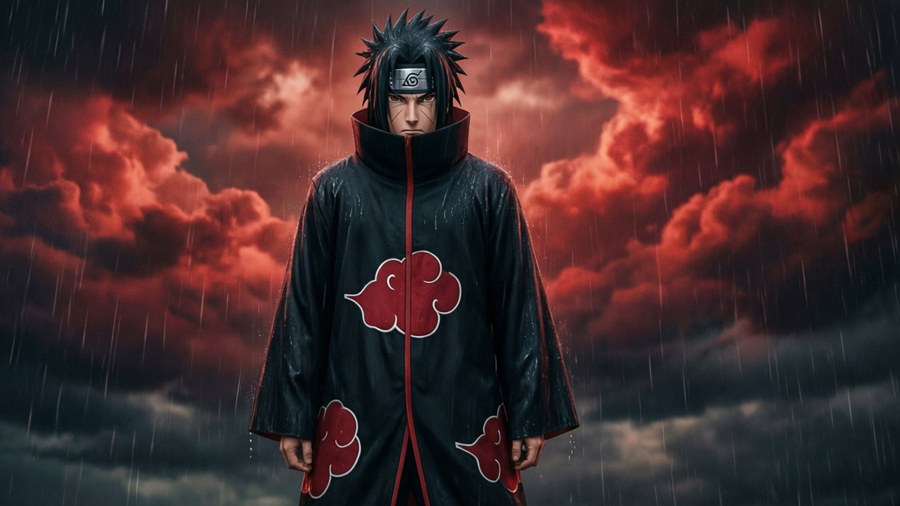 Naruto purtând mantia Akatsuki în ploaie, wallpaper melancolic.
