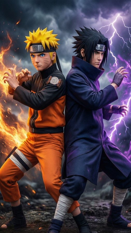 Naruto și Sasuke spate în spate în poziție de luptă.