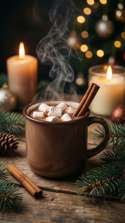 Un prim-plan al cacaoi fierbinți cu bezele și scorțișoară, întruchipând un Crăciun confortabil.