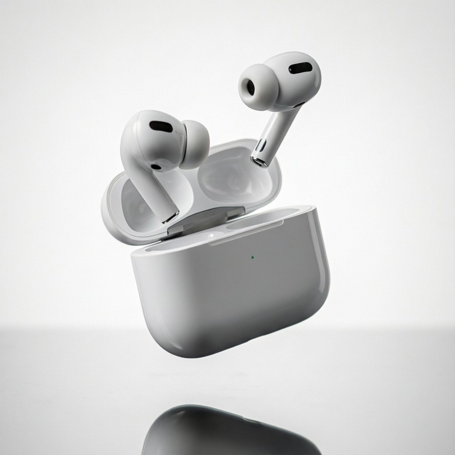 AirPods plutește în aer, fotografie de produs.