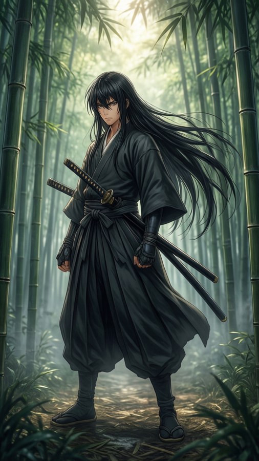 Un samurai băiețel anime tradițional într-o pădure de bambus cețoasă.
