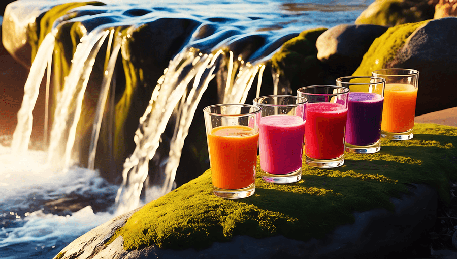 smoothie, cascadă, tropical, băuturi, colorat, răcoritor, fructe, natură, exterior, vibrant, vară, băutură, pahar, pârâu, rece