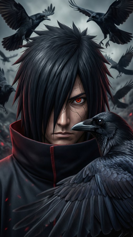 Itachi stă alături de ciorii lui caracteristici într-un peisaj întunecat