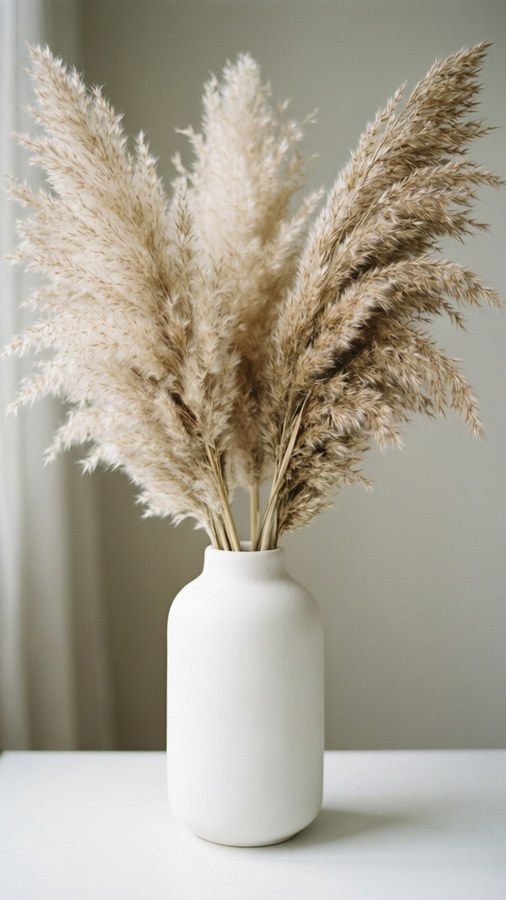Vază albă cu pampas uscat, estetică boho minimalistă.