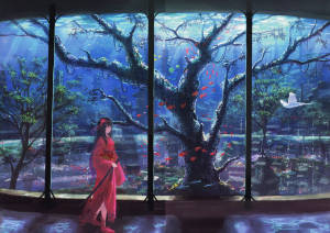 8K Anime Kimono și Acvariu — Oraș anime GIF Fundal