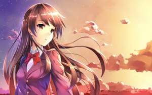 Fata anime plângând sub cerul apusului roz estetic wallpaper fundaluri