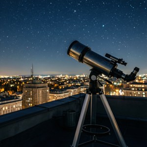 Un telescop pe un acoperiș îndreptat spre cerul nopții deasupra orașului. — Pixel Watch 4 Fundal