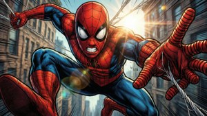 Spider-Man se balansează direct spre privitor într-un stil dinamic de benzi desenate. — Detaliat Fundal