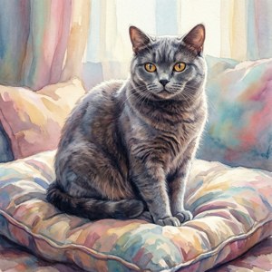 O ilustrație acuarela moale a unei pisici European Shorthair pe o pernă. — Pixel Watch 5 Fundal
