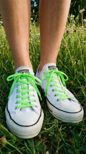Adidași Converse albi cu șireturi neon pe iarbă, wallpaper de stil casual de vară. — Estetică de vară Fundal