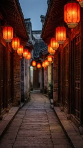 Lanterne roșii aprinse într-o alee îngustă chineză veche la amurg — Chinez Fundal