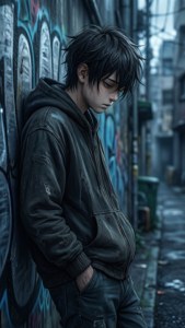 Un băiat anime trist într-o alee, sprijinit de un perete. — Anime trist GIF Fundal