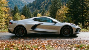 Chevrolet Corvette C8 pe un drum de munte în decor de toamnă. imagine de fundal