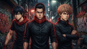 Un wallpaper dramatic de grup cu Mikey, Draken și Takemichi din Tokyo Revengers într-o alee întunecată. — Tokyo Revengers Fundal