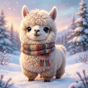 Alpaca kawaii confortabilă care se bucură de zăpadă. — Kawaii Fundal