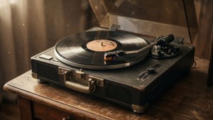 O imagine nostalgică, de aproape, cu un pick-up și un disc de vinil în rotație.