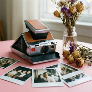 O natură moartă în pasteluri moi cu o cameră Polaroid vintage și fotografii