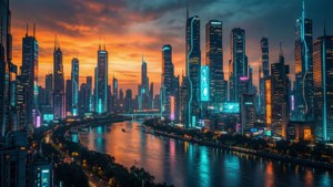 Un peisaj urban ultrawide futurist cu reflexii de neon
