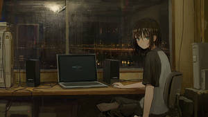 Anime Laptop Lângă Peisajul Urban Ploios — Anime laptop Fundal