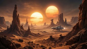 Tapet science-fiction ultra-wide cu un deșert extraterestru și doi sori. — 5120x1440 Fundal