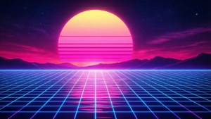 Un wallpaper synthwave retro pentru ecrane de 1280x720, evocând vibe-ul anilor 80. — 1280x720 Fundal