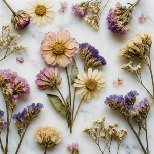 Floare presată și uscată pe marmură albă, culori pastelate, aranjament botanic vintage. — Pixel Watch 5 Fundal