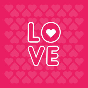 Inscripție „Love” în roz cu contur alb pe un fundal plin cu inimioare pentru Ziua Îndrăgostiților.