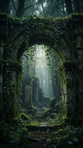 Un arc de piatră misterios acoperit cu mușchi într-o pădure întunecată. — Pădure întunecată Fundal