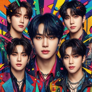 Copertă album vibrantă în stil pop art cu un grup Kpop imagine de fundal