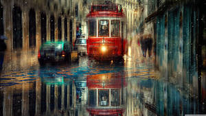 Tren roșu și mașini în ploaie artwork 4K wallpaper.