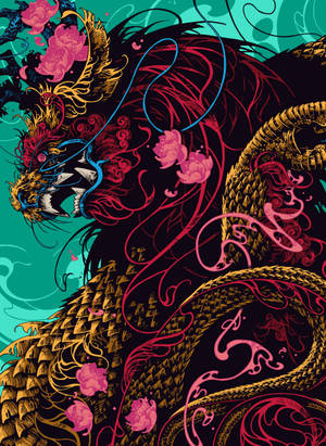 Artă japoneză cu dragon și lotus roz — Dragon japonez Fundal
